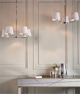 Modern Bright Nickel Chandelier with Tapered White Shades