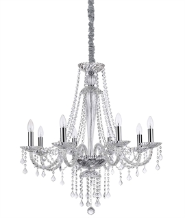 Crystal Elegance: 8-Arm Chandelier with Chrome Detailing and Sparkling Droplets