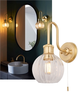 Bathroom Gold Bracket Wall Light - Swan Neck Stem & Ribbed Glass Shade