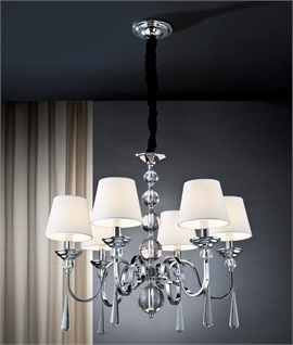 6 Arm Chrome FInish Chandelier - White Shades & Crystals