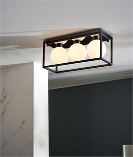 Modern Black Framed Bathroom Ceiling Light with Opal Globes - IP44 Rated