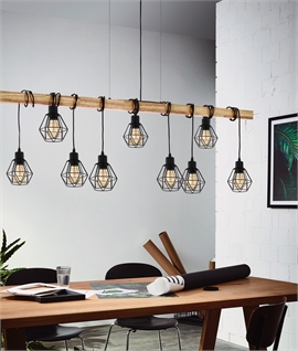 Trapeze Bar Suspended Oak Pendant with 9 Caged Shades