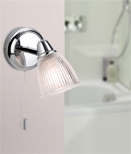 Chrome and Ribbed Glass Ajustable Bathroom Wall Light - Pull Cord