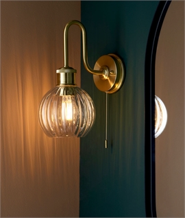 Bathroom Gold Bracket Wall Light - Swan Neck Stem & Ribbed Glass Shade