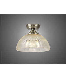 Damilo 1 Light Flush Ceiling E27 With Round 30cm Prismatic Effect Glass Shade Antique Brass-Clear