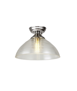 Damilo 1 Light Flush Ceiling E27 With Round 33.5cm Prismatic Effect Glass Shade Polished Nickel-Clear