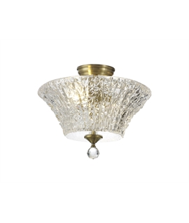 Damilo 2 Light Semi Flush Ceiling E27 With Round 38cm Patterned Glass Shade Antique Brass-Clear