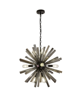 Didier 10 Light E14, Round Pendant Matt Black - Smoke Glass