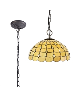 Donohue 3 Light Downlighter Pendant E27 With 50cm Tiffany Shade, Beige-Clear Crystal-Aged Antique Brass