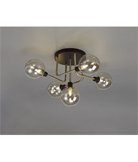 Eaton Flush Ceiling, 5 Light G9, Matt Black-Antique Brass-Cognac Glass