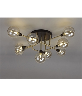 Eaton Flush Ceiling, 9 Light G9, Matt Black-Antique Brass-Cognac Glass