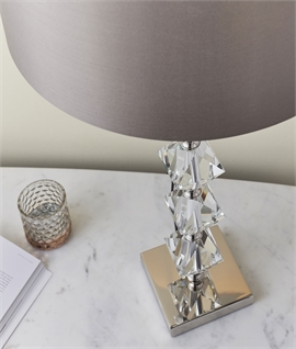 Elegant Chunky Crystal Table Lamp - Mink Fabric Shade