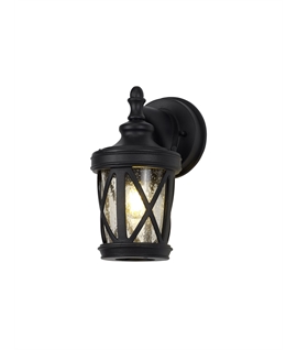 Fritz Down Round Criss Cross Wall Lamp, 1 x E27, IP44, Sand Black-Clear Seeded Glass, 2yrs Warranty