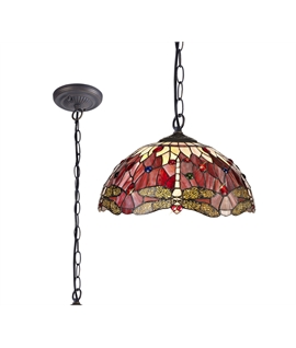 Grosjean 1 Light Downlighter Pendant E27 With 40cm Tiffany Shade, Purple-Pink-Crystal-Aged Antique Brass