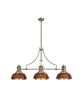 Grosjean 3 Light Linear Pendant E27 With 30cm Tiffany Shade, Antique Brass, Purple, Pink, Crystal