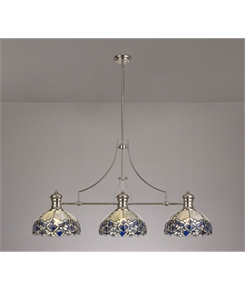 Nino 3 Light Linear Pendant E27 With 30cm Tiffany Shade, Polished Nickel, Blue, Clear Crystal