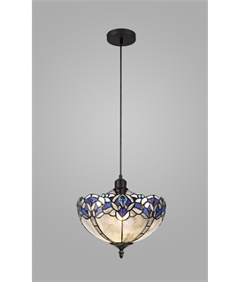 Nino 1 Light Uplighter Pendant E27 With 30cm Tiffany Shade, Blue-Clear Crystal-Black