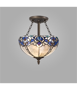 Nino 3 Light Semi Flush E27 With 30cm Tiffany Shade, Blue-Clear Crystal-Aged Antique Brass