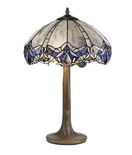 Nino 2 Light Tree Like Table Lamp E27 With 40cm Tiffany Shade, Blue-Clear Crystal-Aged Antique Brass