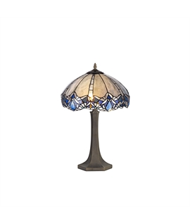 Nino 2 Light Octagonal Table Lamp E27 With 40cm Tiffany Shade, Blue-Clear Crystal-Aged Antique Brass