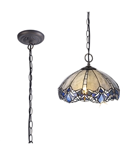 Nino 2 Light Downlight Pendant E27 With 40cm Tiffany Shade, Blue-Clear Crystal-Aged Antique Brass