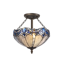 Nino 3 Light Semi Flush E27 With 40cm Tiffany Shade, Blue-Clear Crystal-Aged Antique Brass