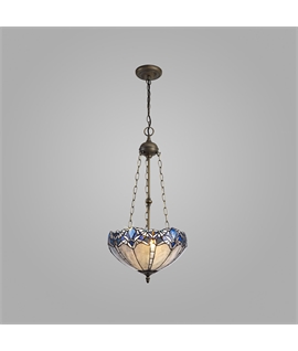 Nino 3 Light Uplighter Pendant E27 With 40cm Tiffany Shade, Blue-Clear Crystal-Aged Antique Brass