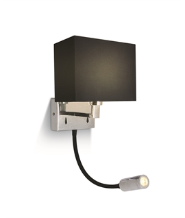 Chrome E14 Wall Hotel Range fitting with Black fabric shade and 3W LED, IP20.