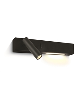 Black 3W COB LED +6W left side light bedside adjustable fitting with 2 switches, IP20.