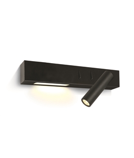 Black 3W COB LED + 6W side right light bedside adjustable fitting with 2 switches, IP20.