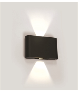 Anthracite 2x6W LED wall light with adjustable beam, ideal for both indoor
and outdoor installation.