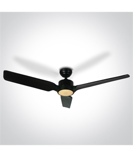 Black Rod mounted ceiling fan complete with black wood blades.