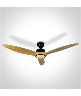 Black Rod mounted ceiling fan complete with light wood blades.