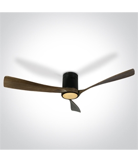 Black Ceiling mounted fan complete with dark wood blades.