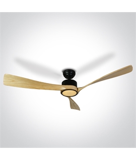 Black Rod mounted ceiling fan complete with light wood blades.