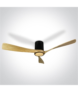 Black Ceiling mounted fan complete with light wood blades.