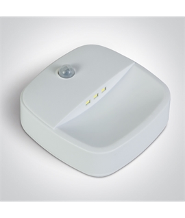 Wall mounted battery operated light with integrated motion sensor.