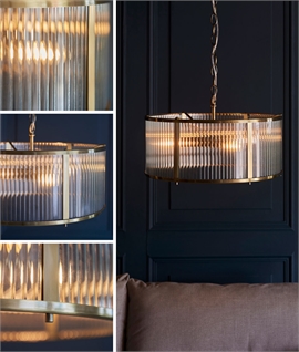 Classically Styled Fluted Drum Pendant Light in Antique Brass Finish