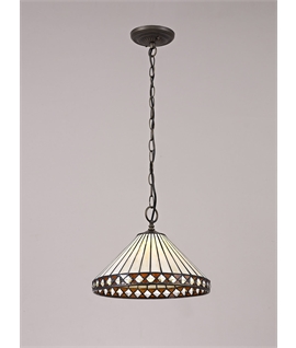 Rossi 1 Light Downlighter Pendant E27 With 30cm Tiffany Shade, Amber-Cream-Crystal-Aged Antique Brass