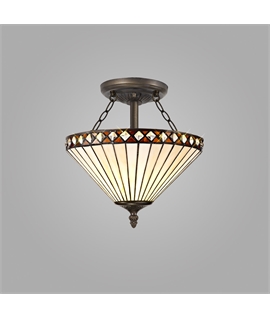 Rossi 2 Light Semi Flush E27 With 30cm Tiffany Shade, Amber-Cream-Crystal-Aged Antique Brass