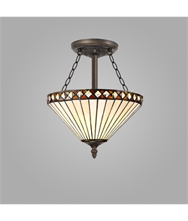 Rossi 3 Light Semi Flush E27 With 30cm Tiffany Shade, Amber-Cream-Crystal-Aged Antique Brass