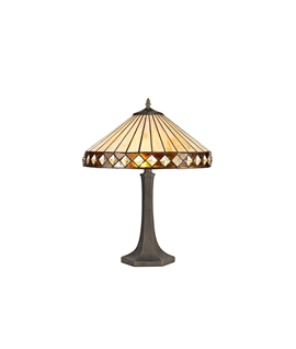 Rossi 2 Light Octagonal Table Lamp E27 With 40cm Tiffany Shade, Amber-Cream-Crystal-Aged Antique Brass