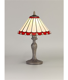 Solana 1 Light Curved Table Lamp E27 With 30cm Tiffany Shade, Red-Cream-Crystal-Aged Antique Brass