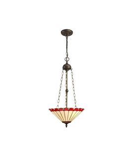 Solana 3 Light Uplighter Pendant E27 With 40cm Tiffany Shade, Red-Cream-Crystal-Aged Antique Brass