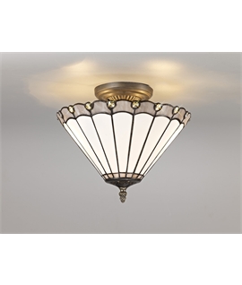 Solana 2 Light Semi Flush E27 With 30cm Tiffany Shade, Grey-Cream-Crystal-Aged Antique Brass