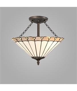 Solana 3 Light Semi Flush E27 With 40cm Tiffany Shade, Grey-Cream-Crystal-Aged Antique Brass