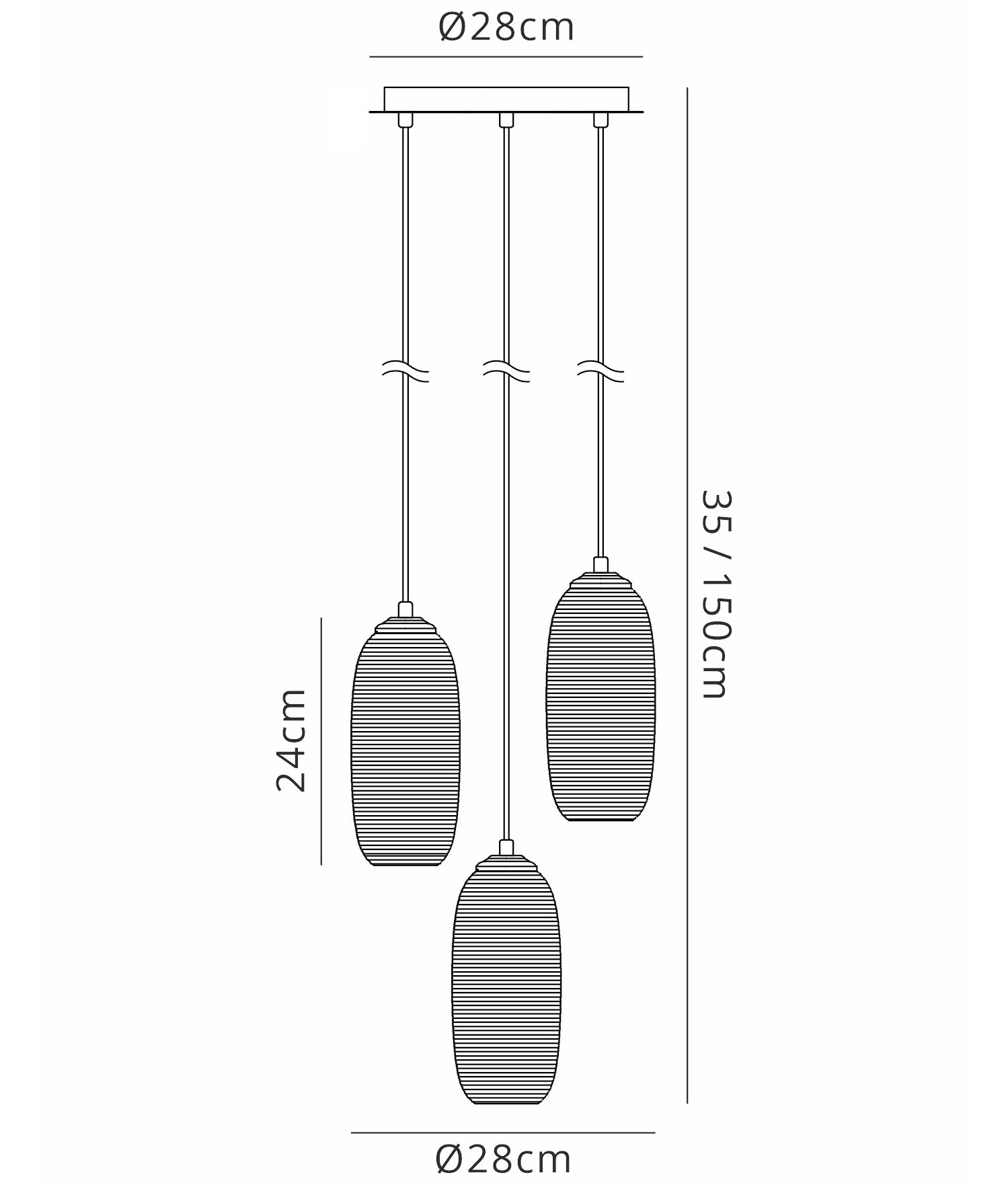 Modern 3 Light Cluster Pendant With Ribbed Glass Detailing