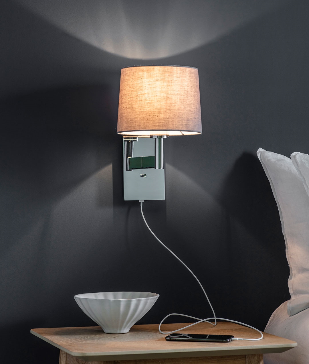 Chrome Wall Light with Integrated USB - 2 Options & Optional Shade